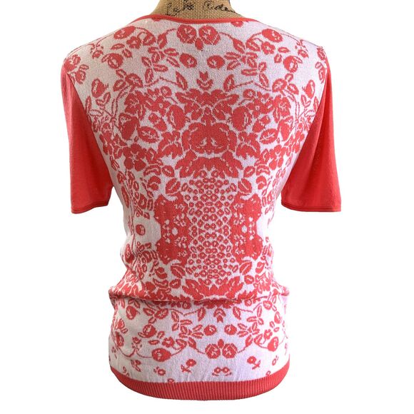 Tricot Chic Women Coral White Floral Short Sleeve Stretch Knit Sweater Top Sz 10 - Picture 4 of 13